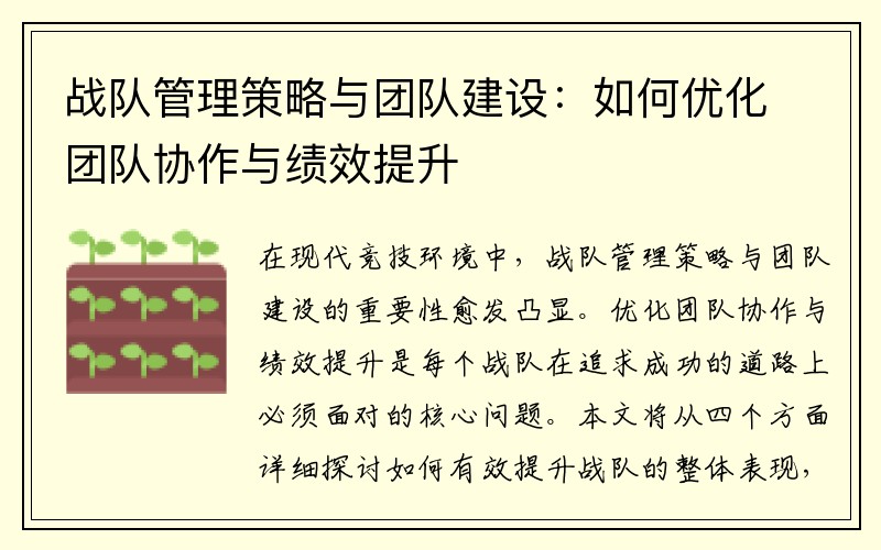 战队管理策略与团队建设：如何优化团队协作与绩效提升