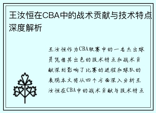 王汝恒在CBA中的战术贡献与技术特点深度解析
